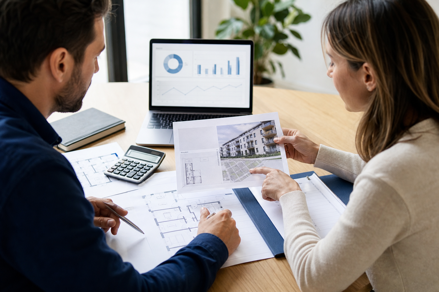 Digitale Vorbereitung einer Immobilienanfrage mit Exposé und Lageunterlagen.